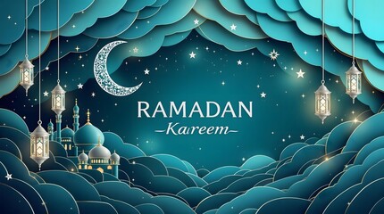 Obraz premium Ramadan Kareem Greeting Card Elegant Islamic Festive Background with Crescent Moon & Lanterns