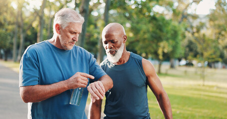 Outdoor, friends and men with smart watch for fitness, exercise steps and tracking performance. Park, wristwatch and sports athlete with workout results, pulse and senior health or body wellness