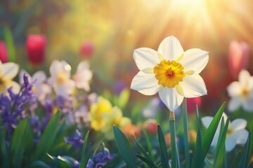 Fototapeta premium Beautiful Spring Flower Garden with Daffodil in Sunrise Glow and Colorful Blooms Around It