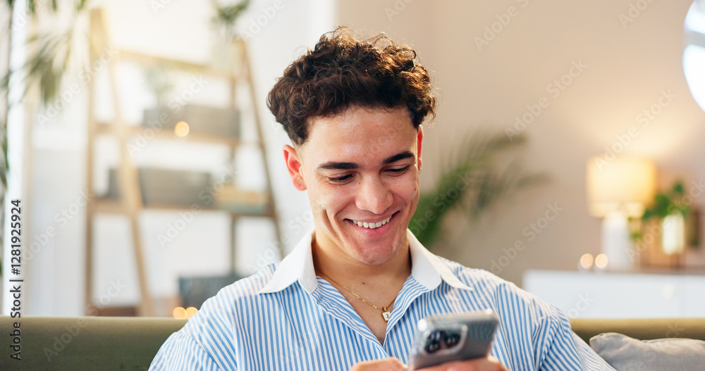 Poster home, man and smile with smartphone for chat, online communication and connection with contact. hous