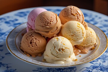 there are five scoops of ice cream in a bowl on a table