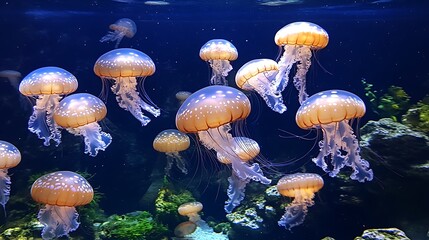 Jellyfish swim aquarium, ocean background