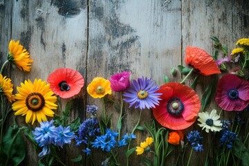 Vibrant Colorful Floral Arrangement on Rustic Wood Table Surface with Natural Beauty