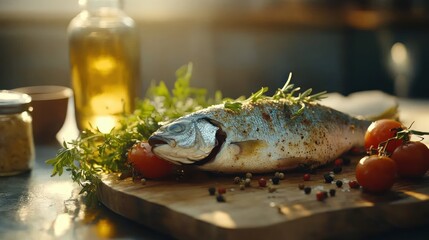 Roasted fish, herbs, kitchen, sunlight, cooking