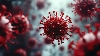 Microscopic view of red viruses floating in blurred background, illustrating complexity and structure of viral particles. image evokes sense of scientific exploration and discovery