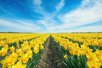 Vibrant Yellow Daffodil Field Under Bright Blue Sky with Wispy Clouds in Spring Season