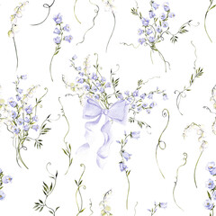 Seamless pattern with watercolor hand draw meadow flowers, spring elegant wildflowers, isolated on white background.