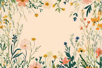 Elegant Floral Border Frame with Delicate Wildflowers on Soft Beige Background