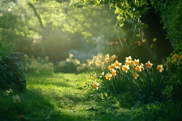 Obraz premium Serene Garden Pathway Lined with Vibrant Daffodils and Lush Greenery in Soft Morning Light