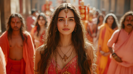 Obraz premium Woman in procession, temple, India, religious ceremony, background blur, stock photo