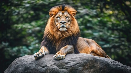 Naklejka premium Majestic lion rests on rock, lush foliage backdrop, zoo setting, wildlife photography
