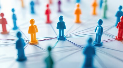 Business strategy and project management illustration with linked toy figures symbolizing task delegation. -