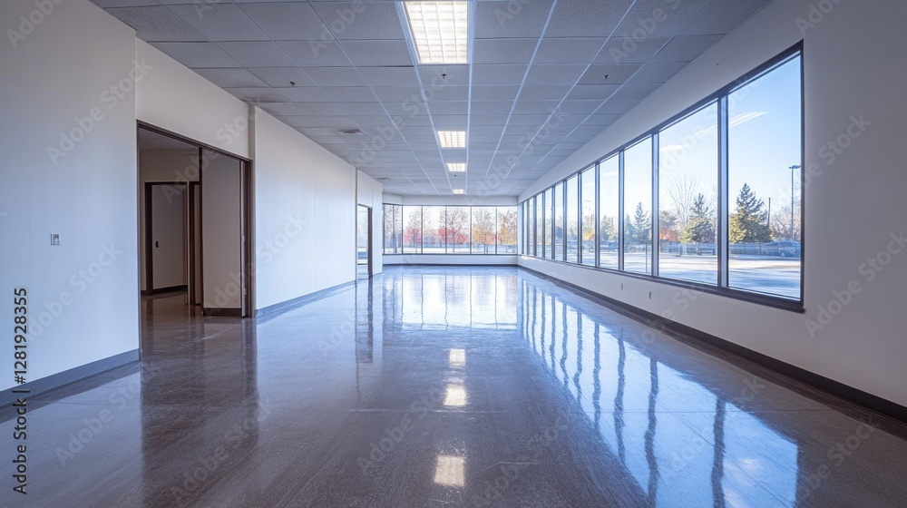 Poster a spacious room features wide windows allowing abundant sunlight, reflecting on polished floors. its