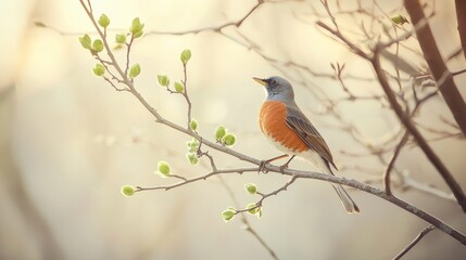 A robin perched on a tree branch, with fresh green buds beginning to appear, signaling the arrival of spring. The soft light of morning bathes the scene.