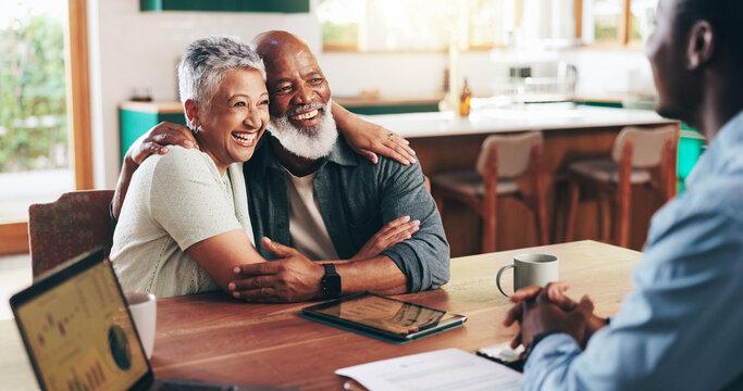 Hug, meeting and success with old couple with financial advisor for retirement fund, fraud protection and pension planning. Documents, approval and offer with people at home for account manager - Powered by Adobe