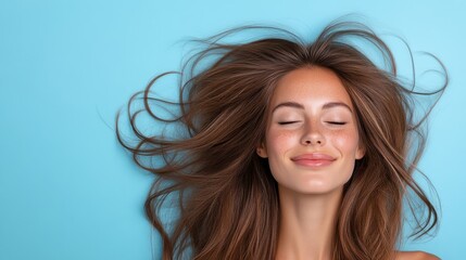 Fototapeta premium This captivating portrait features a serene young woman with closed eyes, a gentle smile, and flowing hair, creating an atmosphere of peace and tranquility against a soft blue background.