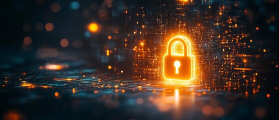 A glowing digital lock floats in a futuristic, shimmering space, symbolizing security in the realm of advanced technology.