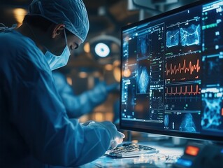 Futuristic robotic surgery in an advanced medical facility with high-tech monitoring systems. Generative AI