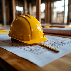 yellow hard safety helmet rests on construction blueprints, symbolizing safety and planning in building project. setting is construction site with wooden frames in background