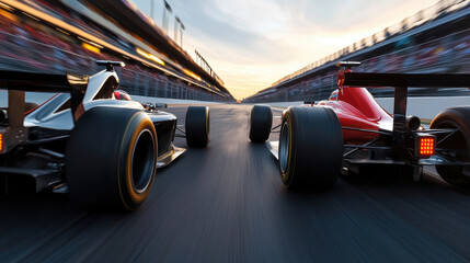 Two race cars are speeding down a track