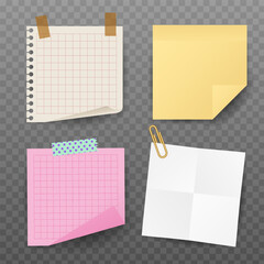 Set of Realistic Sticky Notes and Torn Paper Sheets with Tape and Paper Clips. Colorful Memo Pads and Notebook Paper. Vector Illustration.