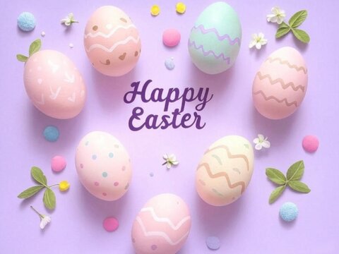 Easter greeting card with colorful decorated eggs with playful patterns like polka dots and wavy lines, set against a soft pastel purple background