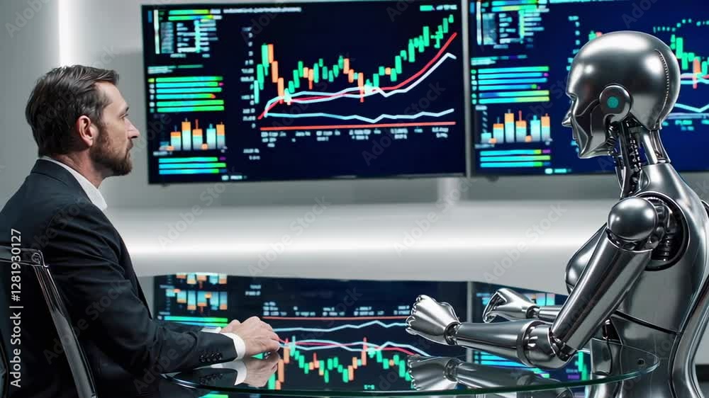 Poster Businessman having a conversation with a humanoid robot assistant, sitting at a glass table in a modern office with stock market data displayed on screens in the background, captured in slow motion