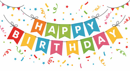 A banner with the words Happy Birthday written in multiple colors on a white background. Each banner has one letter in white. Pieces of colored paper are falling in different shapes and colors, ai