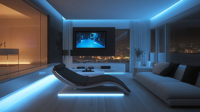 A sleek modern living room with transparent OLED screens, a levitating relaxation chair, and an ambient lighting system that adapts to mood and time of day 