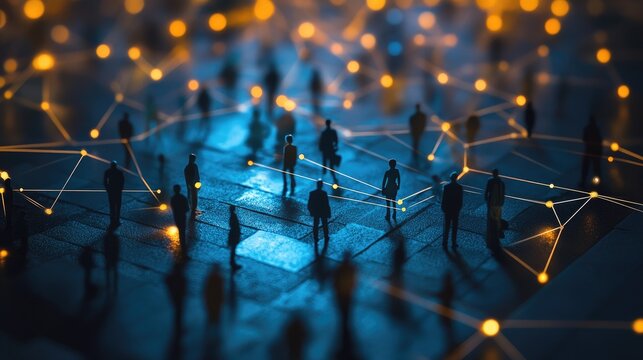 Digital communication metaphor with miniature human figures linked by glowing lines.