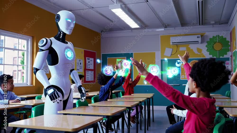 Poster humanoid robot delivering interactive holographic lesson to diverse elementary students in futuristi
