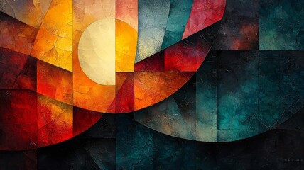 Vibrant Abstract Sunrise: A colorful geometric composition featuring warm hues of orange and yellow against a cool teal backdrop, perfect for modern decor and artistic inspiration.
