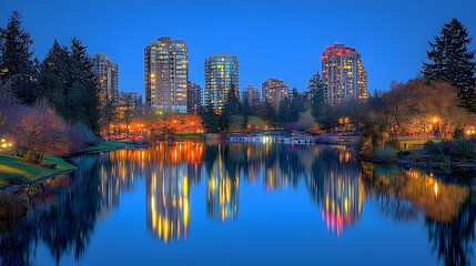 Naklejka premium City skyline reflected in tranquil evening lake