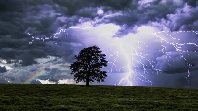 Solitary tree in a green field under stormy skies with lightning and rainbow, dramatic nature scene. Weather contrast and serene landscape concept