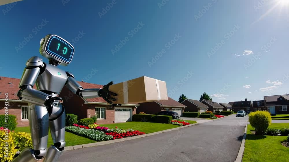 Poster robotic delivery system navigating suburban street, delivering cardboard package to waiting customer
