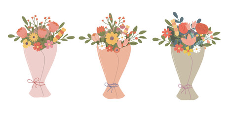 Bouquets of flowers. A bouquet of garden flowers in pastel wrapping, featuring wildflowers and greenery. Perfect for invitations, prints, and design projects.