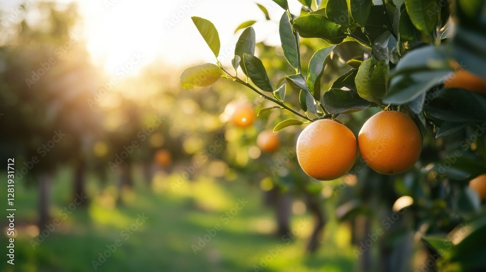 Poster Golden oranges hang from lush trees under a bright sun in a vibrant orchard in the late afternoon. Generative AI