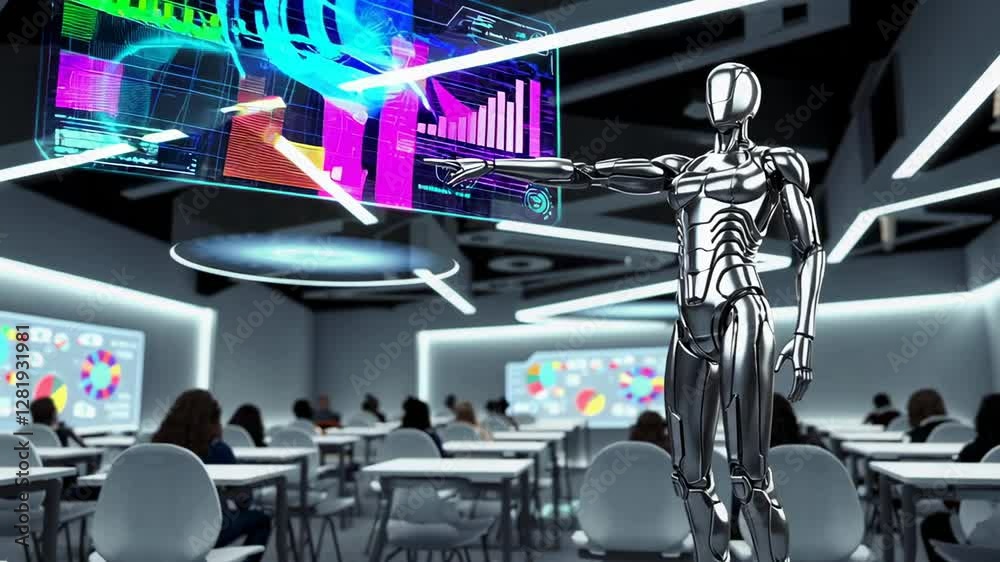 Aufkleber Metallic humanoid robot presenting advanced interactive holographic data visualization during immersive digital learning session in futuristic classroom setting
