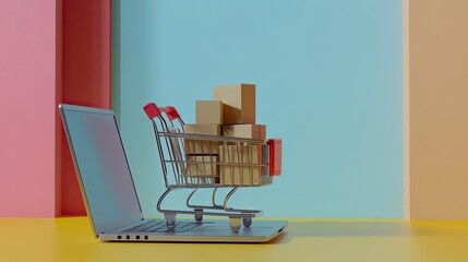 Minimalist online shopping visualization with a sleek laptop and a small shopping cart filled with boxes.
