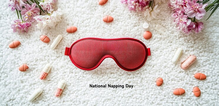 Red Sleeping Mask with 'National Napping Day' Text, Surrounded by Flowers and Pills on White Background, Flat Lay