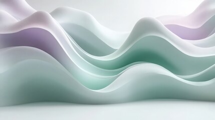 Abstract Flowing Layers. Abstract layers and lines softly flow in a calming and serene pale green and purple gradient, forming gentle hills.