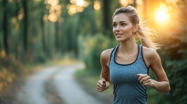 Woman jogging on a forest trail during sunrise, surrounded by nature, promoting a healthy lifestyle with warm natural lighting - Powered by Adobe