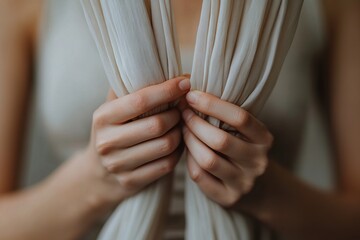 womans hands gripping an aerial silk hammock