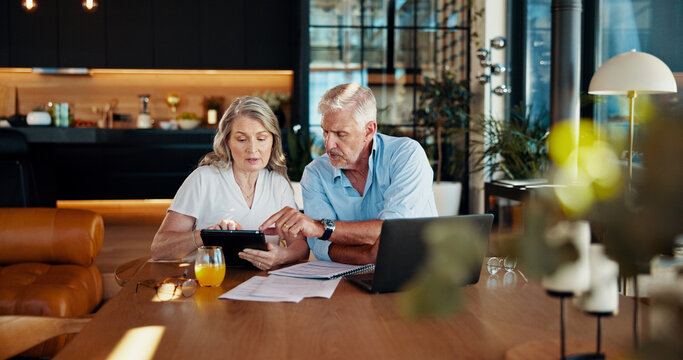 Tablet, planning and budget with old couple at home for social security benefits, annuity growth and retirement fund. Account balance, online banking and 401k withdrawal with people and profit