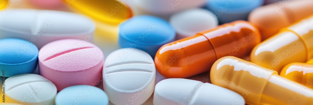 Poster colorful assortment of pills and capsules on a surface displayed for various health remedies. genera
