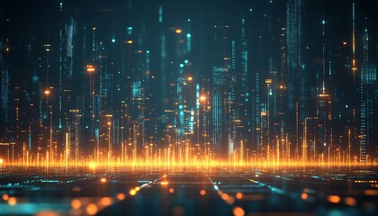 Digital city lightscape, glowing, tech future