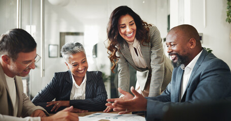 Business people, financial graphs and happy with audit, budget and advisor for customer portfolio....