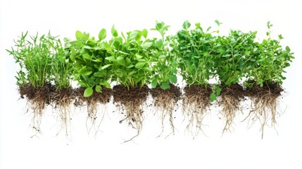Fototapeta premium Five types of microgreens with exposed roots on white background