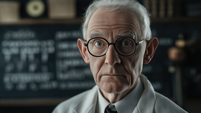 Portrait of a pensive elderly Caucasian male scientist in his lab.