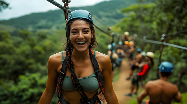 Woman ziplining through jungle, smiling, adventure tourism